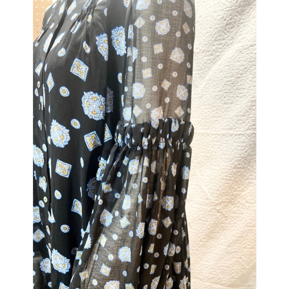 Free People Turn Turn Black Blue Medallion Boho Mini Dress Ruffle Mock Neck XS - Picture 4 of 13